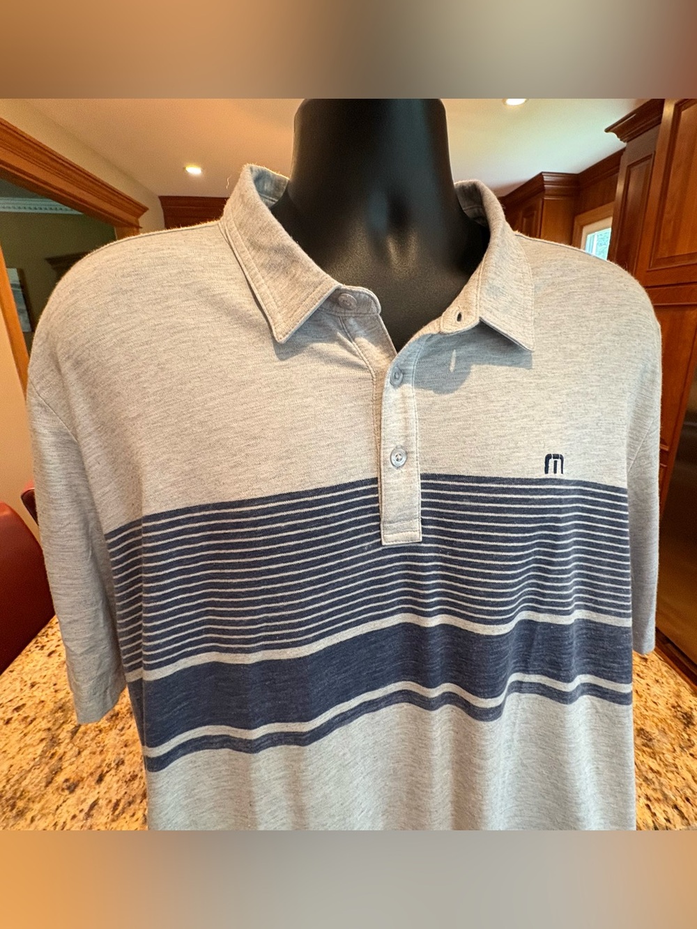 Travis Mathew Light Gray Polo with Navy Stripe Panel